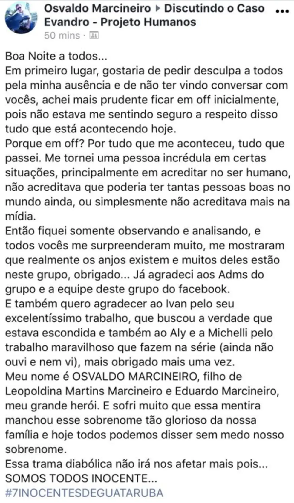 Post de Osvaldo Marcineiro sobre o Caso Evandro