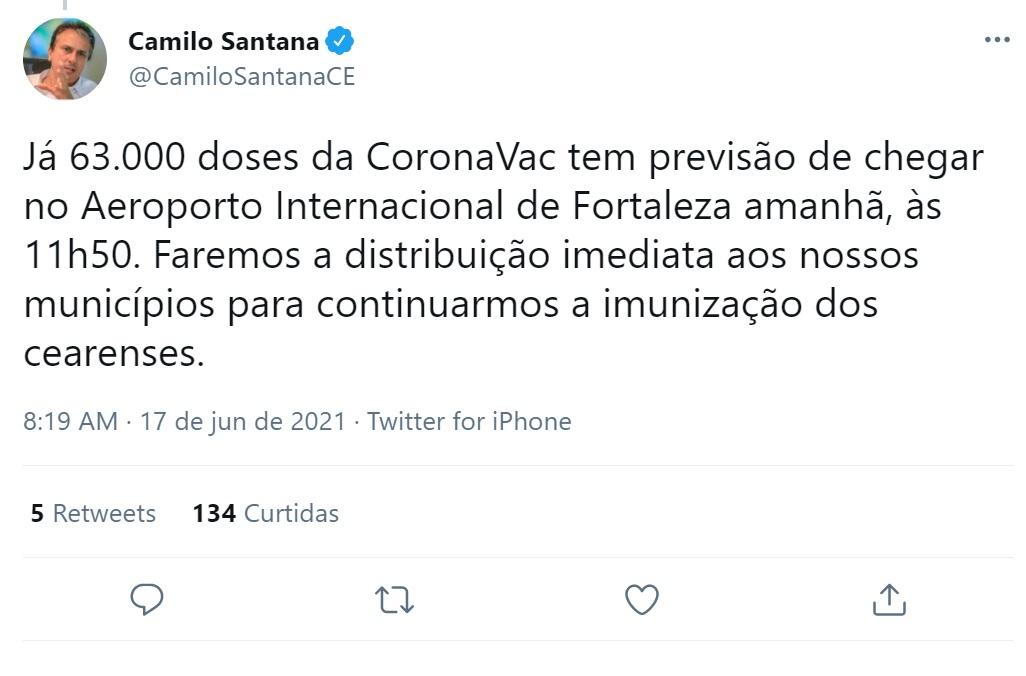 Postagem de Camilo Santana sobre chegada de imunizantes da Coronavac