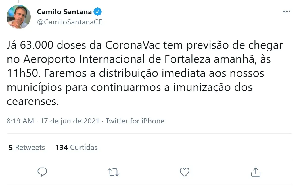 Postagem de Camilo Santana sobre chegada de imunizantes da Coronavac
