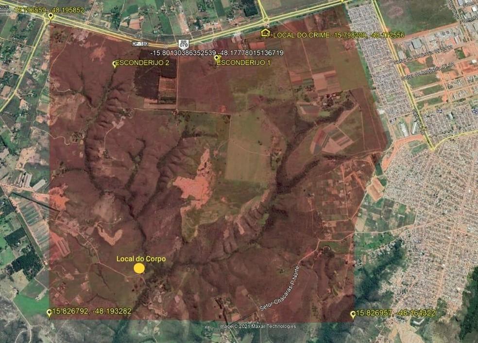 Mapa mostra dois esconderijos de Lázaro Barbosa de Sousa e local onde corpo de Cleonice foi encontrado, no DF