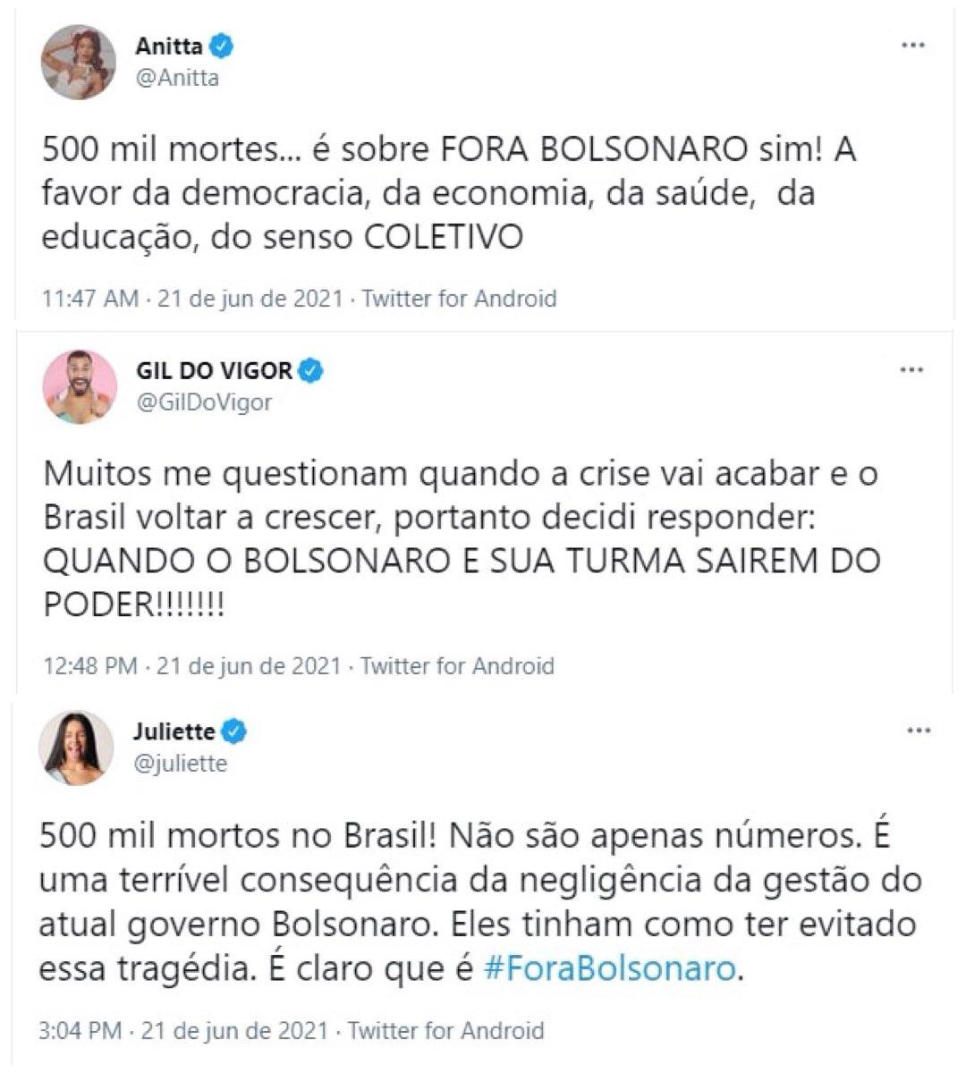 montagem de prints do posicionamento de anitta, gil do vigor e juliette contra bolsonaro e as 500 mil mortes por covid-19 no brasil