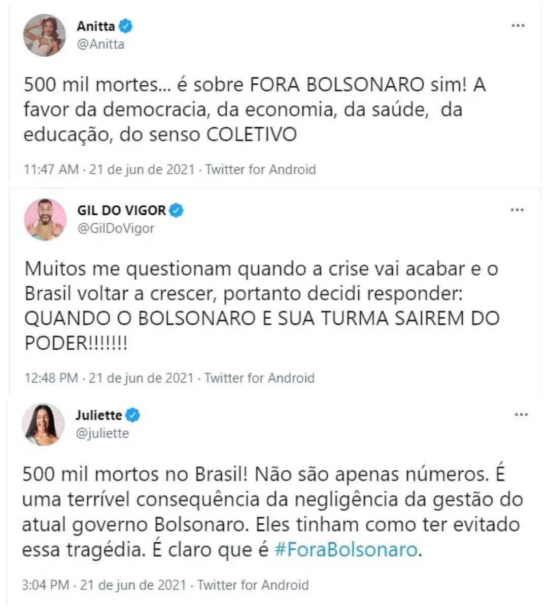 montagem de prints do posicionamento de anitta, gil do vigor e juliette contra bolsonaro e as 500 mil mortes por covid-19 no brasil