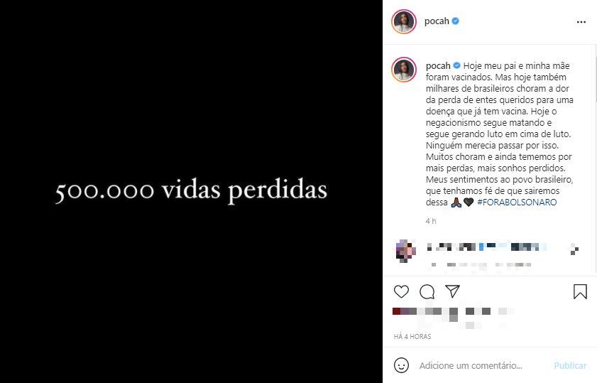 instagram da cantora pocah com publicação referente às 500 mil vítimas da covid