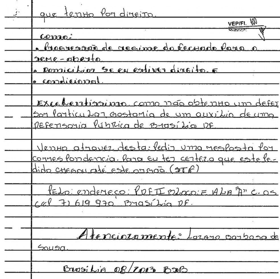 Carta escrita por Lázaro Barbosa e enviada ao Supremo Tribunal Federal (STF) pedindo a progressão da pena para o regime semiaberto