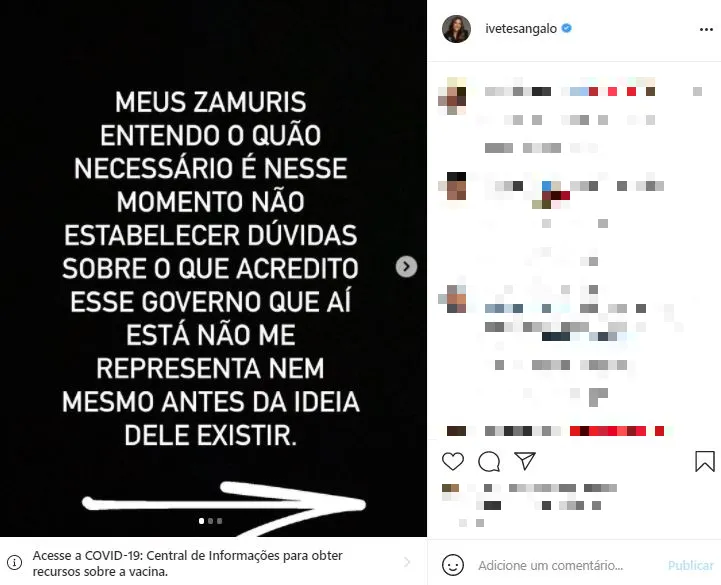 Ivete Sangalo se posicionou em publicação do Instagram