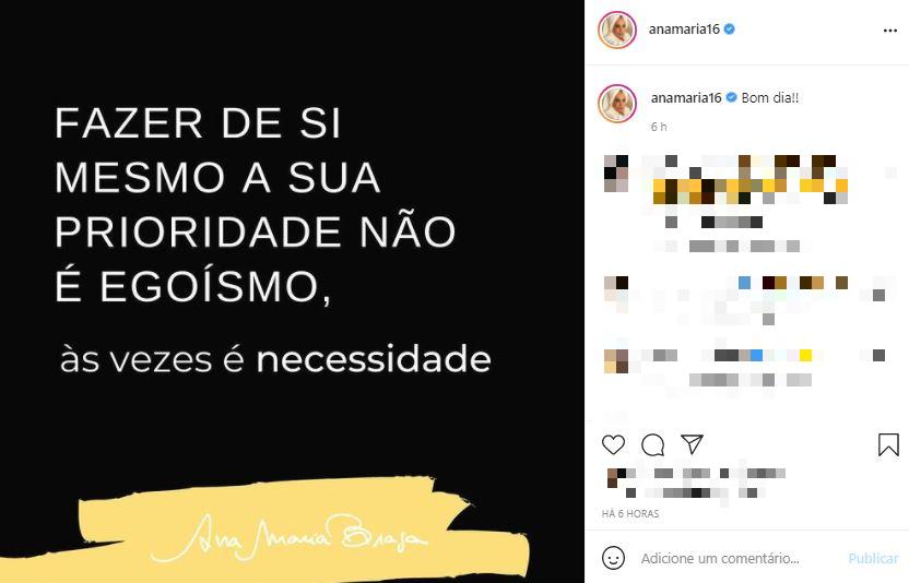 Publicação de Ana Maria Braga nas redes sociais