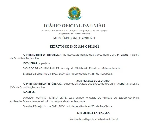 Exoneração foi publicada no Diário Oficial da União
