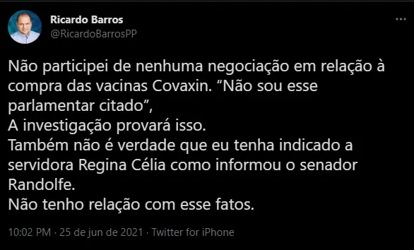 tuíte do deputado federal ricardo barros negando envolvimento em compra da covaxin
