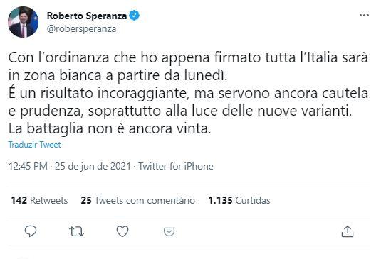 Tweet de ministro da Saúde italiano, Roberto Speranza, sobre uso de máscaras
