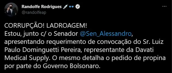 reprodução de twitter do senador randolfe rodrigues