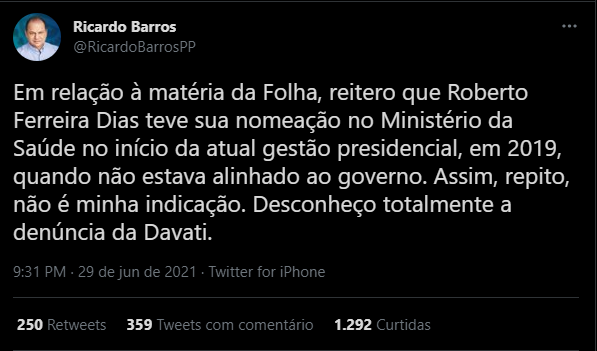 Tuíte de Ricardo Barros negando que indicou Roberto Dias para cargo no Ministério da Saúde