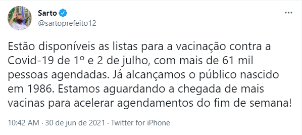 Captura de tela de tweet do prefeito de Fortaleza, José Sarto