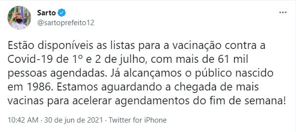 Captura de tela de tweet do prefeito de Fortaleza, José Sarto
