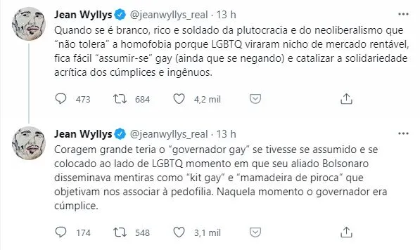 Jean Wyllys fez críticas por governador, sendo gay, não ter se posicionado contra Bolsonaro nas eleições de 2018