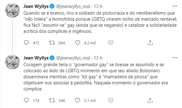 Sequência de tweets de Jean Wyllys sobre declarações de Eduardo Leite no programa Conversa com Bial