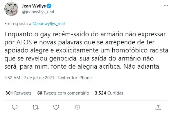 Tweet de Jean Wyllys sobre declarações de Eduardo Leite em programa Conversa com Bial