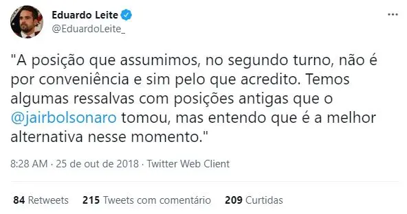 Tweet de Eduardo Leite sobre apoio a Bolsonaro