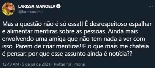 Larissa não chegou a citar o nome de Bianca, mas defendeu a amiga