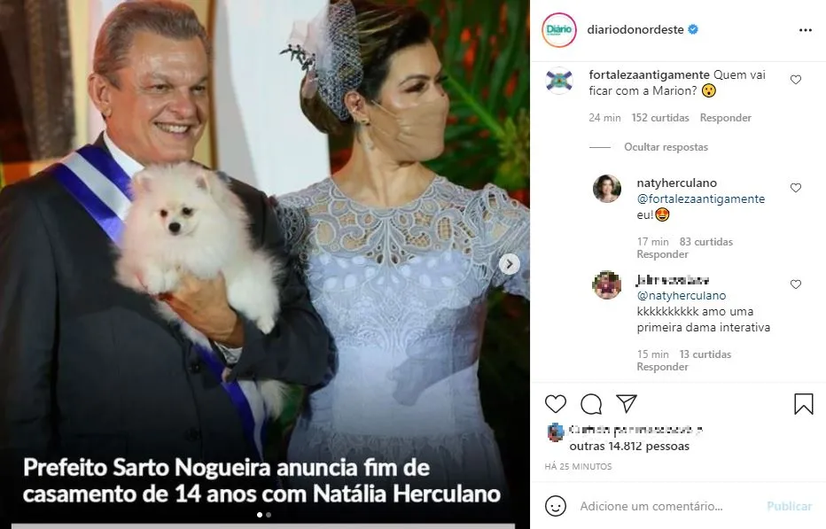 A própria ex-primeira-dama respondeu a questionamento de seguidor em postagem sobre fim da união