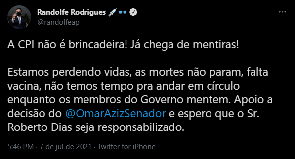 Tuíte do senador Randolfe Rodrigues comentando prisão de Roberto Dias