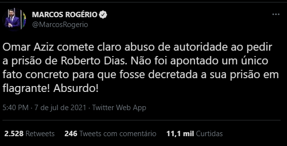 Tuíte do senador Marcos Rogério