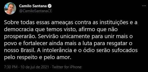 Tuíte de camilo santana