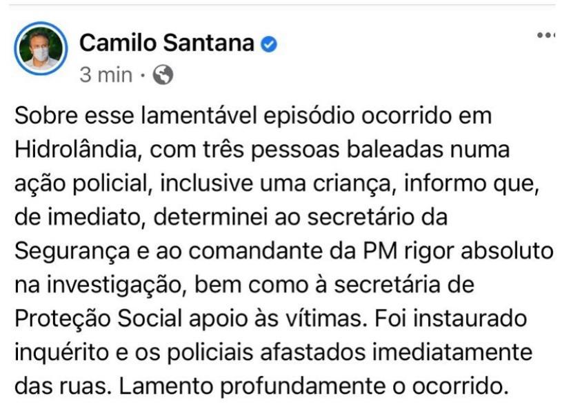 Camilo Santana em post nas redes sociais lamenta episódio