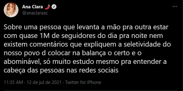 Tuíte de Ana Clara criticando ganho de seguidores de DJ Ivis