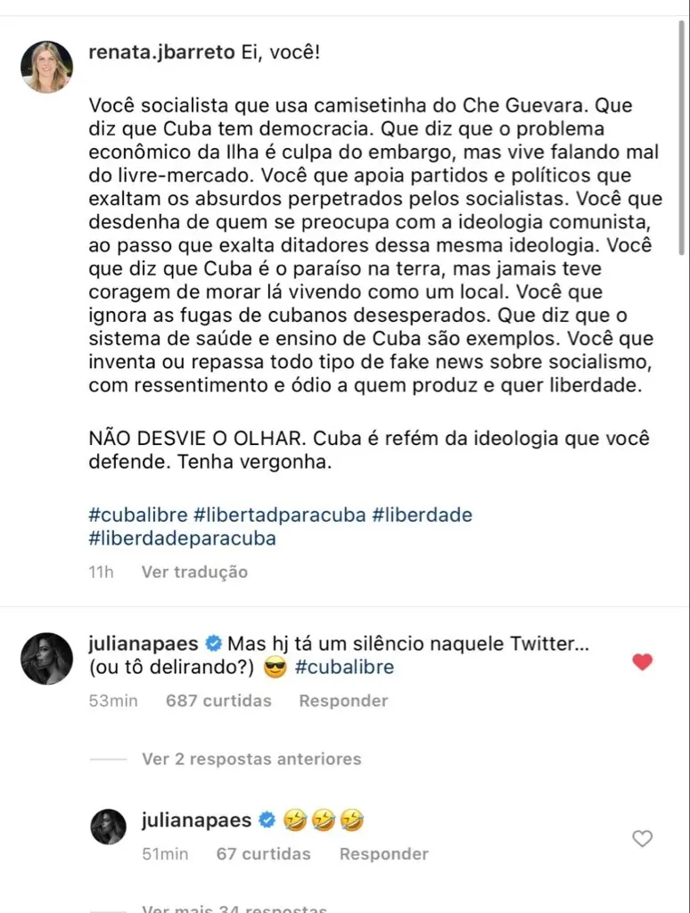 print da postagem de Renata Barreto onde Juliana Paes faz comentário irônico sobre cuba
