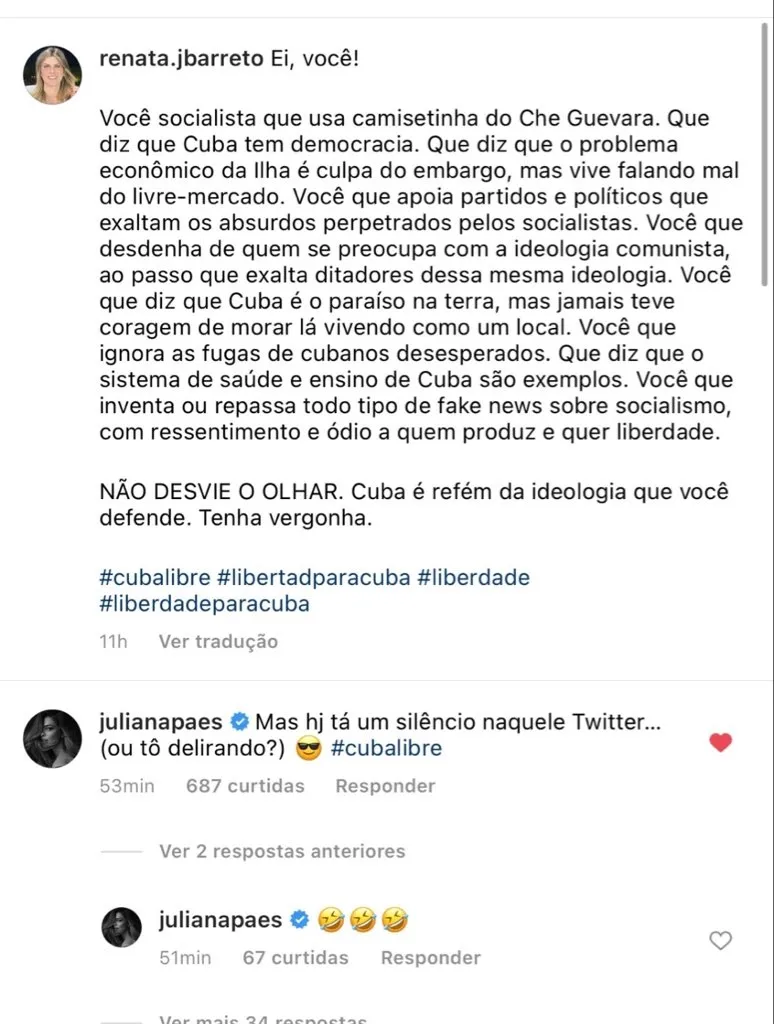 Juliana fez comentário irônico se referindo a usuários do Twitter que falam sobre política