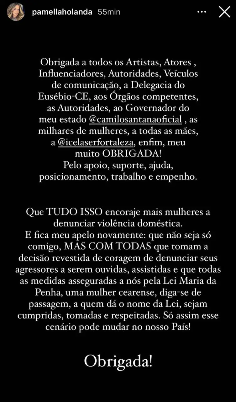 Print de publicação de Pamella Holanda agradecimento apoio recebido após agressões