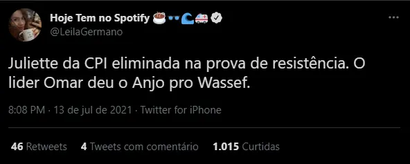 Print de internauta falando sobre a Juliette da CPI