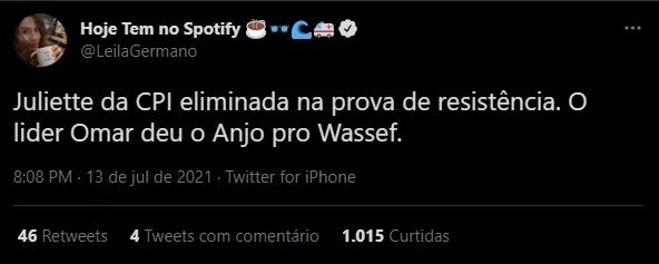 O nome de Juliette circula entre os comentários do depoimento da CPI da Covid-19 desde terça-feira (13)