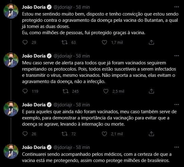 Print de tuítes de João Doria sobre diagnóstico positivo para a Covid-19
