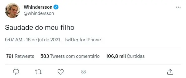 Tweet de Whindersson Nunes sobre saudade do filho