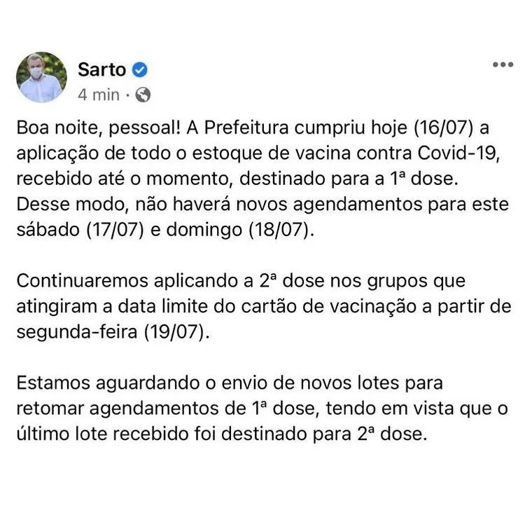 Post do prefeito nas redes sociais