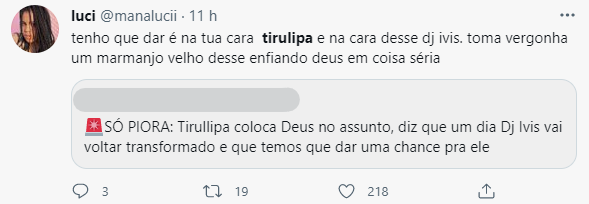 Tweet sobre fala do Tirullipa