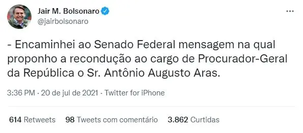 Tweet de Bolsonaro sobre Aras