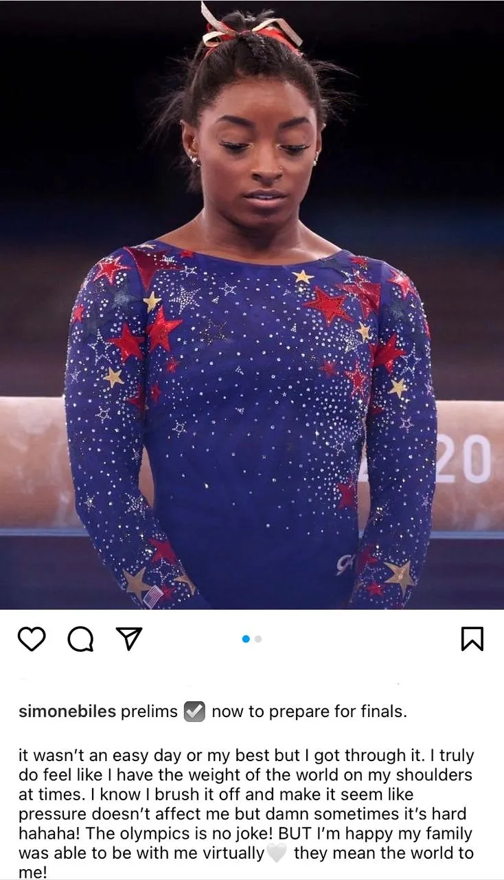 Biles desabafou nas redes sociais após sequência de erros na apresentação individual