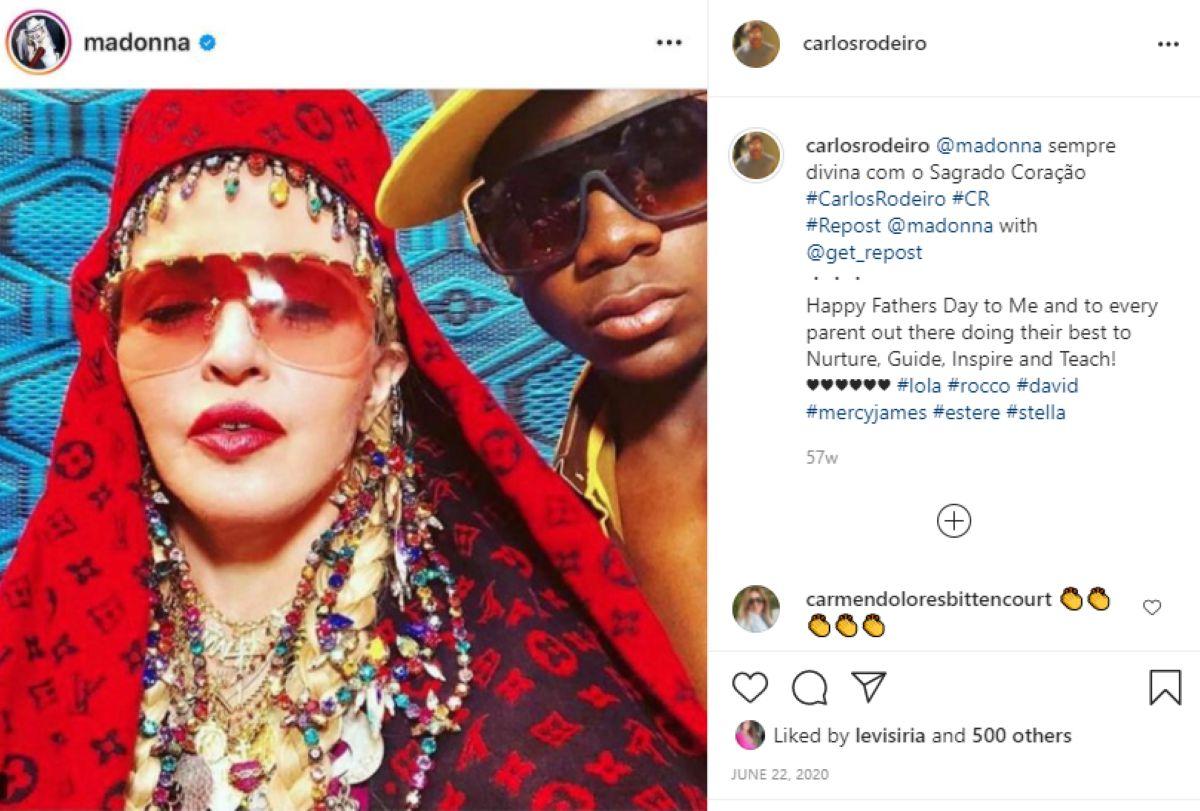 Publicação que Carlos Rodeiro fez com foto de Madonna usando suas joias