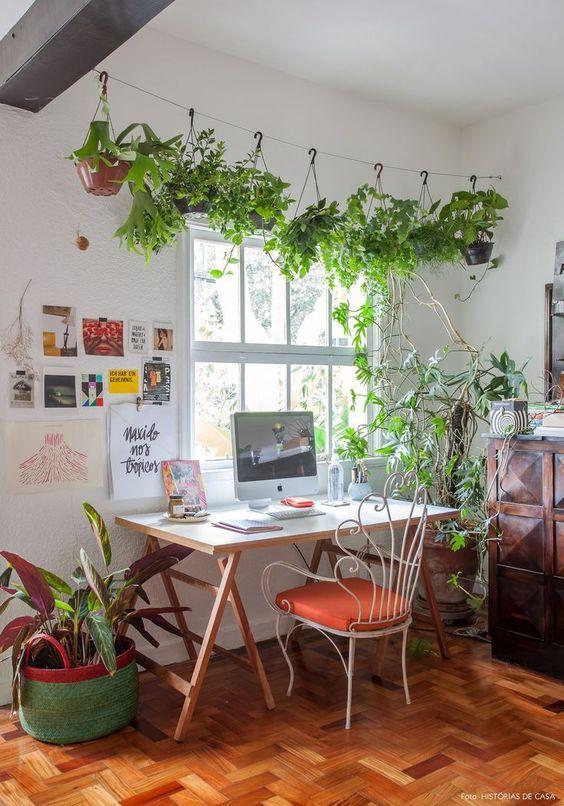 Decoração para home office com plantas.