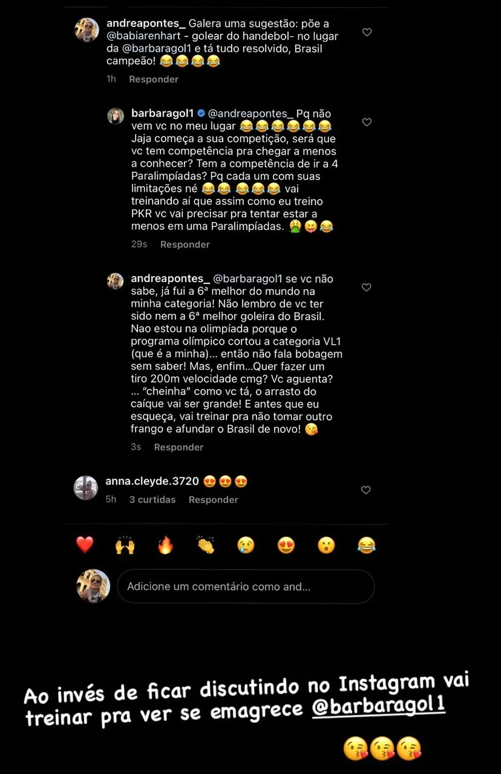 Canoísta fez comentário negativo sobre peso da goleira