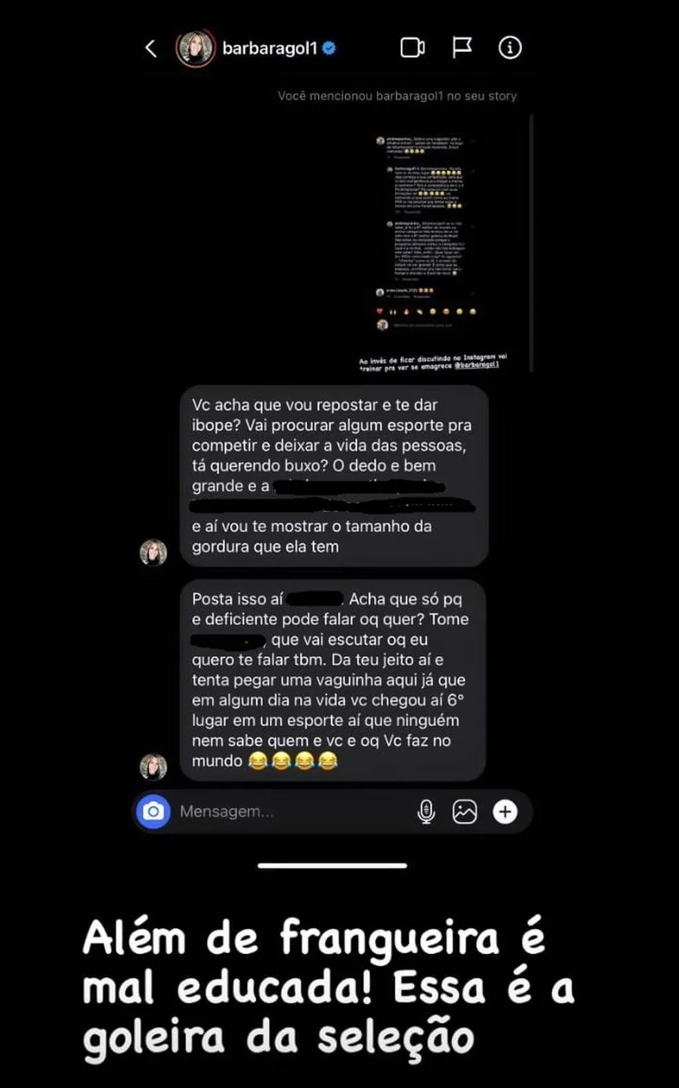 Bárbara fez ofensas de cunho sexual contra a canoísta