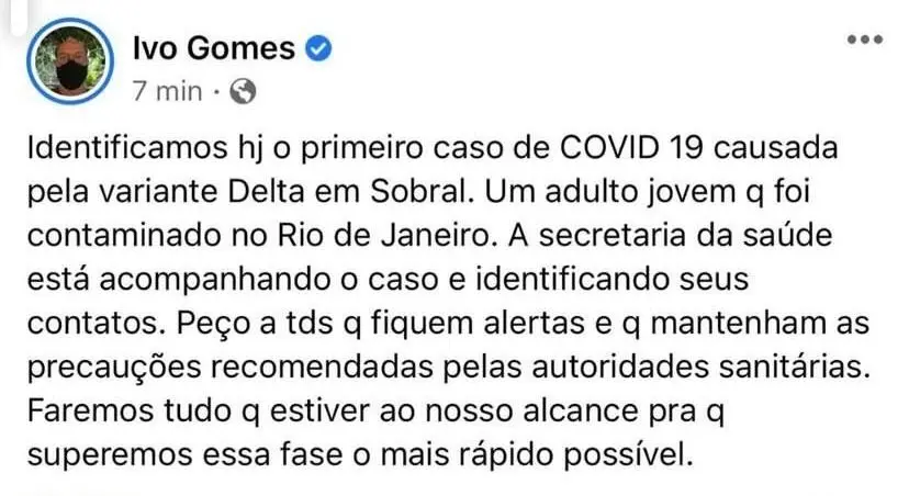 publicação em facebook do prefeito ivo gomes, de sobral