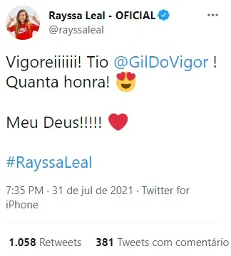 No twitter, Rayssa agradeceu a participação de Gil na live