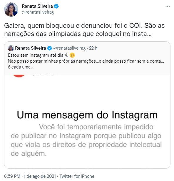Tweet de Renata Silveira sobre bloqueio no Instagram