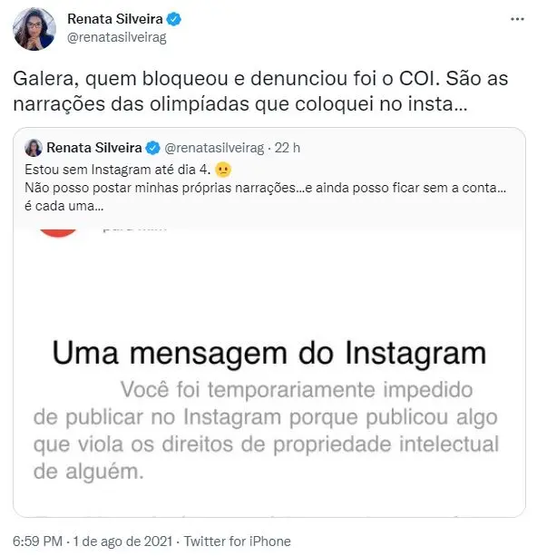 Tweet de Renata Silveira sobre bloqueio no Instagram