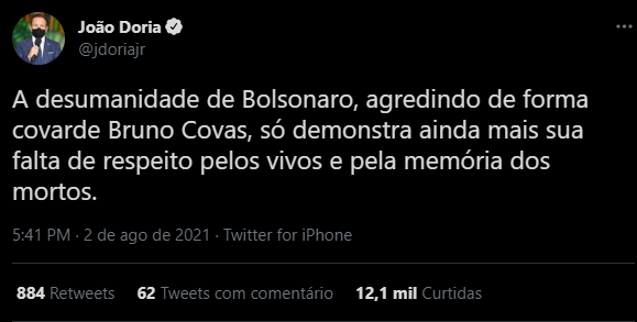 Print de publicação de João Doria criticando a declaração de Bolsonao sobre Bruno Covas