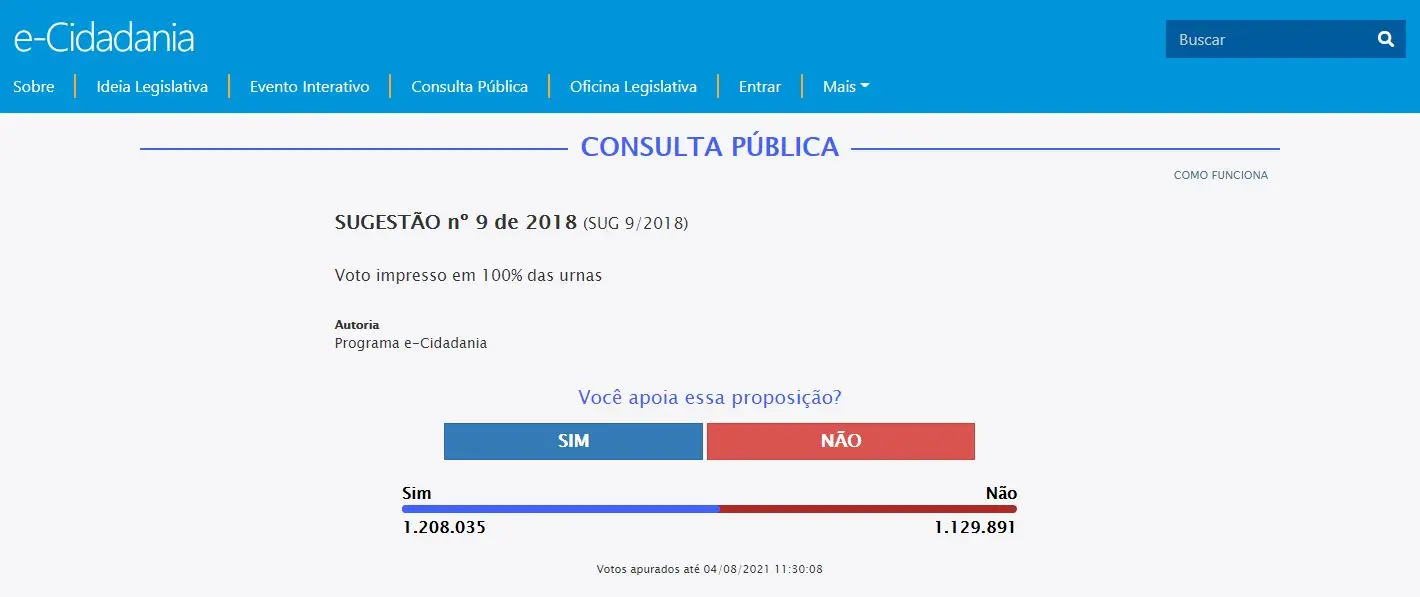 Print de tela com votação da sugestão sobre voto impresso no e-Cidadania