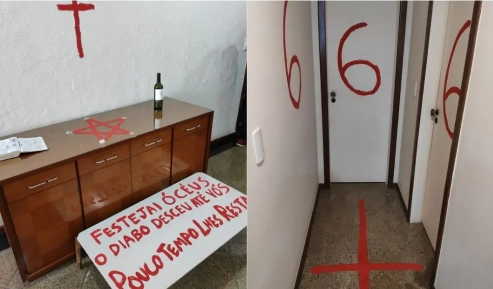Montagem com cenário achado por policiais após o crime. Imagens trazem símbolos religiosos escritos em móveis e paredes